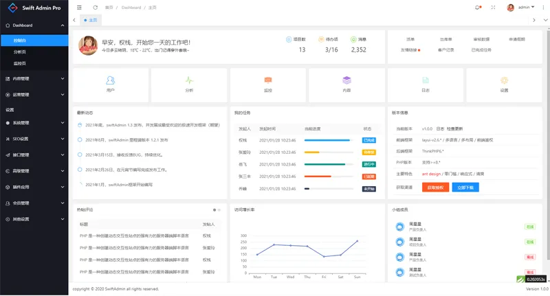 swiftadmin(基于ThinkPHP6 + Layui的开源后台管理系统框架)-吾爱分享